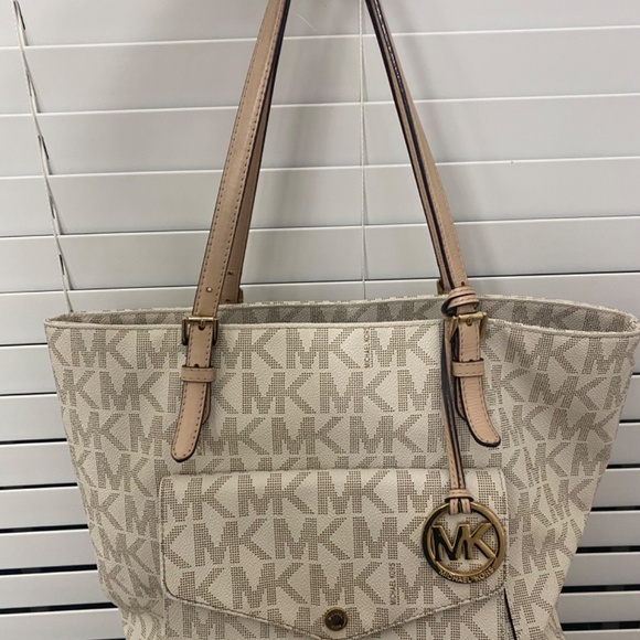 MK Cream and Tan Midsize Logo Tote - Picture 2 of 7